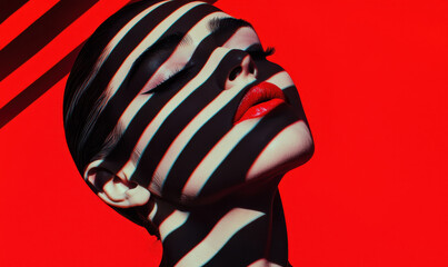 Poster - Stunning High-Contrast Portrait with Bold Stripes on Vibrant Red Background: A Modern Artistic Expression