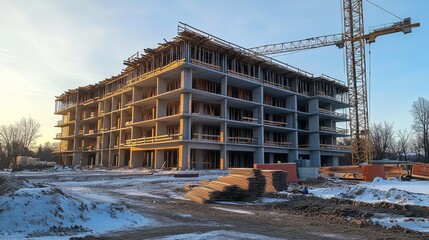 Wall Mural - Unfinished construction site with crane and snowy ground under cloudy sky