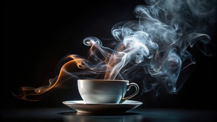 whimsical smoke curls around a cup of coffee on black, with vibrant artistic illustration details , 