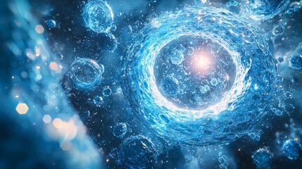 Poster - A blue sphere with many small blue bubbles surrounding it