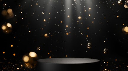 A black podium with golden spheres floating in the air, against a dark background. 