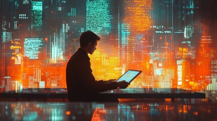 Poster - A man is sitting at a table with a laptop in front of him
