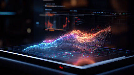 Poster - visual representation of data trends on a sleek touchscreen interface in a modern workspace during t