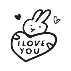 Wall Mural - A cute little rabbit holds a heart. Phrase - I love you. Valentine's Day design. Outline illustration on white background.