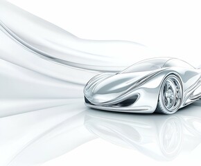 Poster - Futuristic silver sports car with smooth aerodynamic design and smooth reflective surfaces on white background.