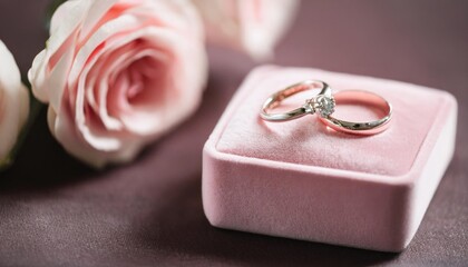 Wall Mural - wedding rings on a pink velvet box. close up rings with diamonds for engagement 