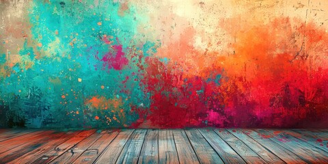 Poster - Colorful painting with splatters of paint on a wooden wall