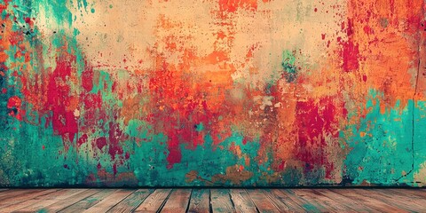 Poster - Wall with a colorful background and a wooden floor