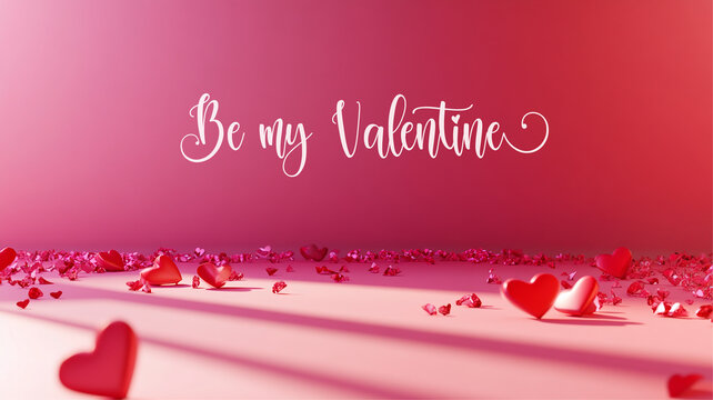 Horizontal Valentine's day banner with elegant text Be my Valentine. Web banner 16:9 background, romantic luxurious with lettering calligraphy greeting text Bright pink Valentine day