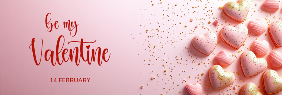 Horizontal panoramic Valentine's day banner with elegant text Be my Valentine. Wide banner 3:1 background, romantic luxurious with lettering calligraphy greeting text Soft pink, beige Valentine day