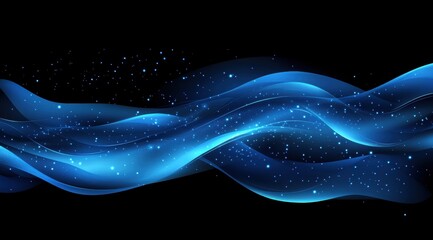 Wall Mural - abstract blue glowing particles wave on a black background with a bokeh and glow effect.