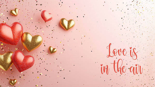 Horizontal Valentine's day banner with elegant text Love is in the air. Web banner 16:9 background, romantic luxurious with lettering calligraphy greeting text Soft pink, beige Valentine day concept