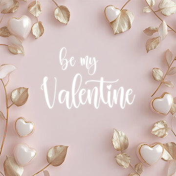 Square Valentine's day social media post with elegant text Be my Valentine. Web banner background, romantic luxurious with lettering calligraphy greeting text White beige Valentine day concept