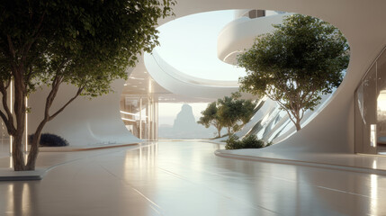 Poster - Unique architectural design featuring smooth curves and natural elements in a serene modern environment