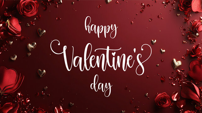 Horizontal Valentine's day banner with elegant text Happy Valentine's Day. Web banner 16:9 background, romantic luxurious with lettering calligraphy greeting text Deep red burgundy Valentine day