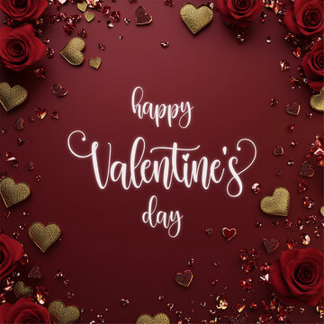 Square Valentine's day social media post with elegant text Happy Valentine's Day. Web banner background, romantic luxurious with lettering calligraphy greeting text Deep red burgundy Valentine day