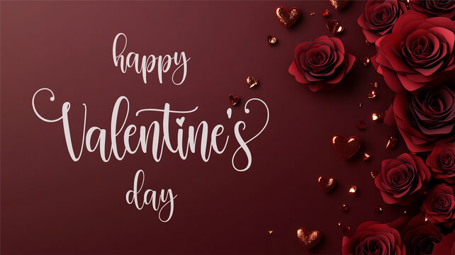Horizontal Valentine's day banner with elegant text Happy Valentine's Day. Web banner 16:9 background, romantic luxurious with lettering calligraphy greeting text Deep red burgundy Valentine day