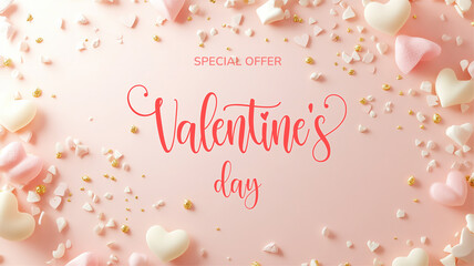 Poster - Horizontal Valentine's day banner with elegant text Valentine's day special offer. Web banner 16:9 background, romantic luxurious with lettering calligraphy greeting text Soft pink beige Valentine day