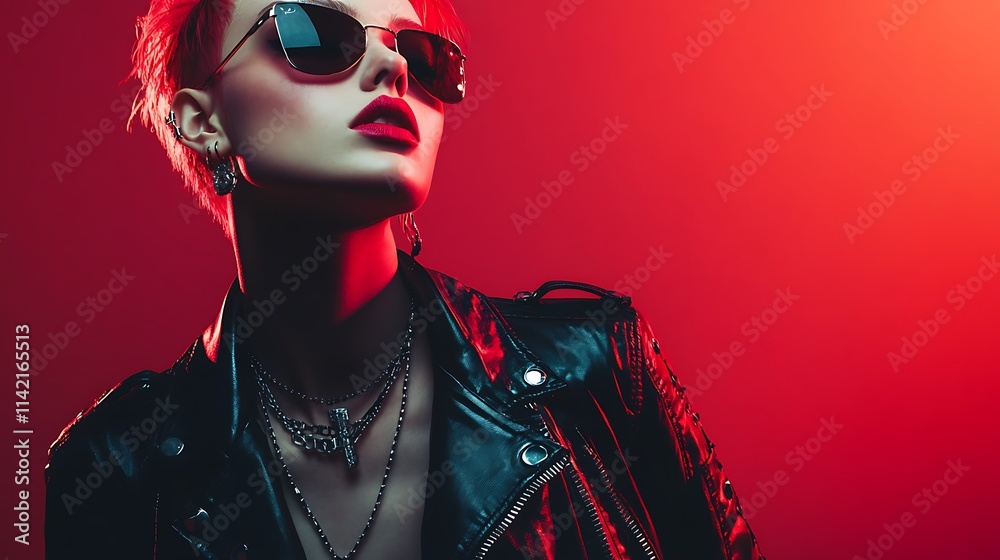 Female model in a punk rock outfit, standing boldly with high contrast ...