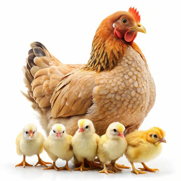 A mother hen with her chicks gathered around he