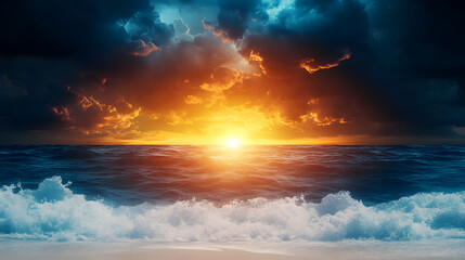 Poster - A vibrant sunset illuminates the ocean, with dark clouds framing the scene, creating a dramatic interplay of light and shadow over the waves