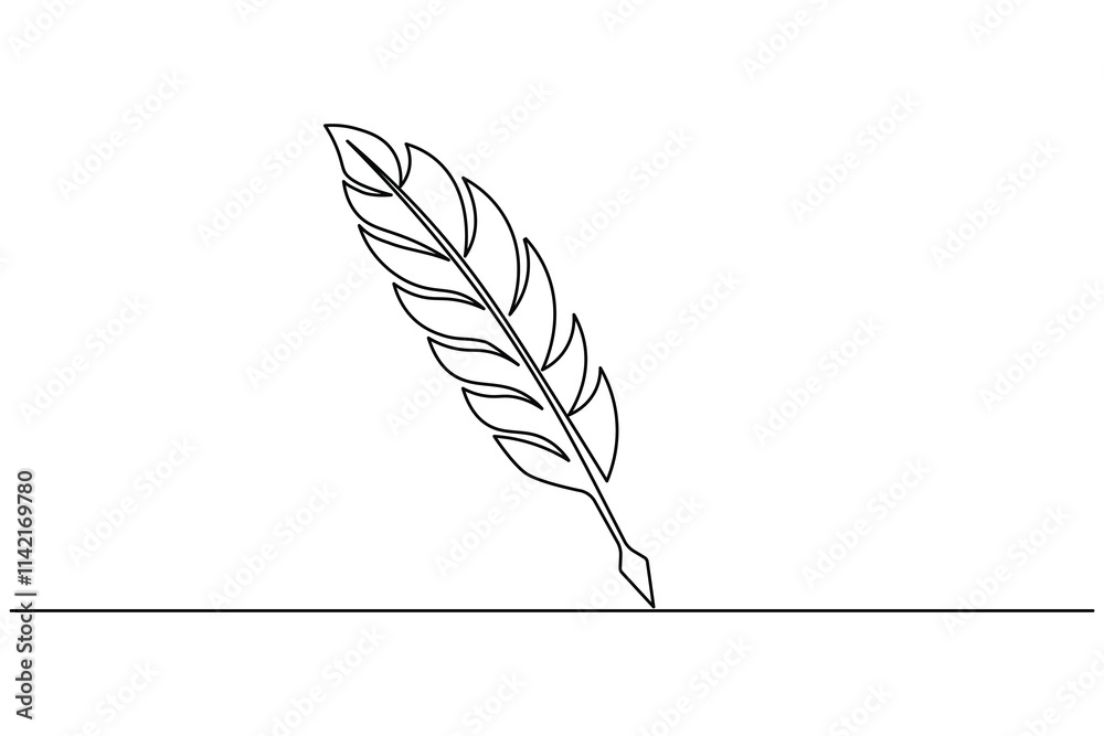 Bird feather continuous one line drawing of feather isolated outline ...