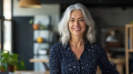 Aufkleber - A woman with gray hair is smiling and wearing a blue shirt with a floral pattern