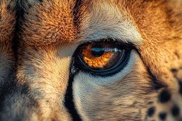 close-up of intense cheetah eye and textured fur.