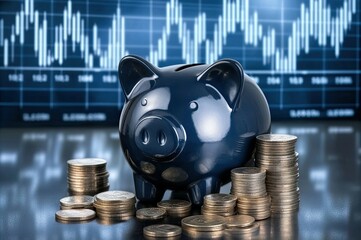 Piggy bank surrounded by coins and financial graphs, representing stock market growth and financial success against a light blue backdrop.