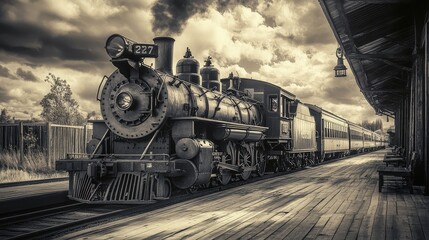 Poster - Vintage Steam Train at Historic Station Under Dramatic Sky