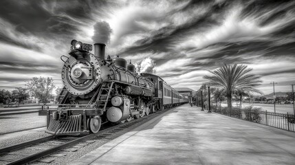 Poster - Vintage Steam Locomotive at Train Station Under Dramatic Sky
