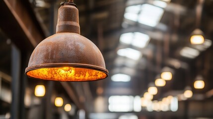 Poster - Vintage industrial lamp hanging in rustic warehouse interior space