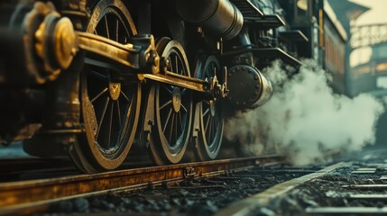 Poster - Vintage Steam Engine Wheels on Railway Track with Billowing Smoke