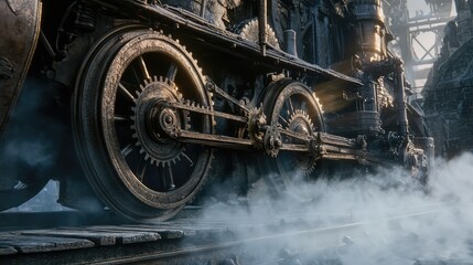 Poster - Rusty Steam Engine Gears with Dramatic Light and Fog Effect