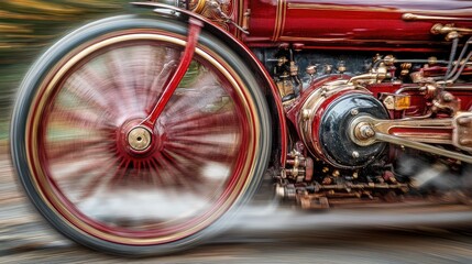 Poster - close-up of vintage steam engine wheel in motion with blurred background