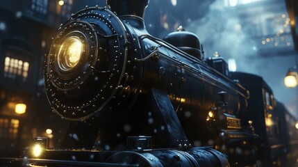 Poster - Vintage Steam Locomotive in a Snowy Urban Setting at Night