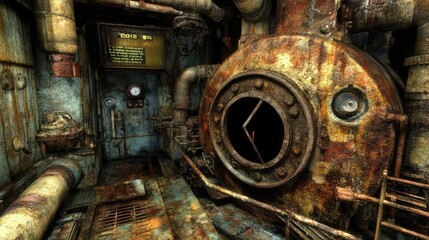 Poster - Abandoned Industrial Engine Room with Rusty Pipes and Equipment