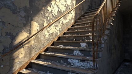 Poster - Abandoned Staircase with Peeling Paint and Rusted Railings in Sunlight