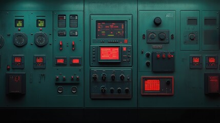 Poster - Control Room Console with Red Display and Green Panels