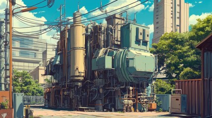 Poster - Urban Industrial Setting with Machinery and Clear Blue Sky