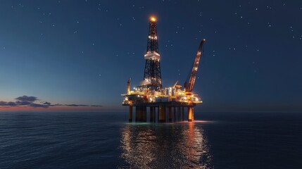 Poster - deep water oil rig at dusk with illuminated equipment