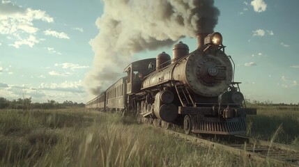 Poster - Vintage steam locomotive traveling through lush green landscape