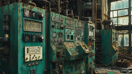 Poster - Abandoned Industrial Control Room with Rusty Machinery and Cables