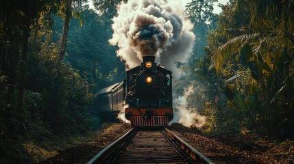 Poster - Vintage steam train emerging through lush tropical forest landscape