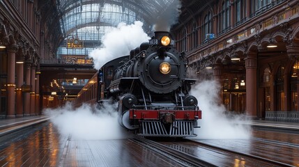 Poster - Vintage steam locomotive departs from historic railway station interior