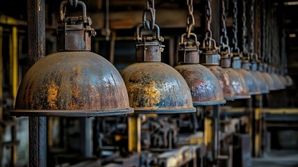 Poster - Vintage Industrial Lighting Fixtures Hanging in an Abandoned Workshop