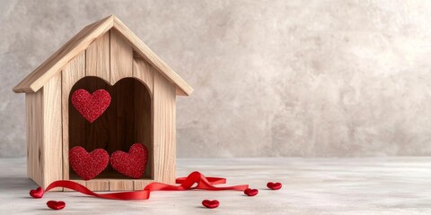 Wall Mural - A charming wooden house displays red hearts and ribbons, symbolizing love and warmth in a cozy setting.