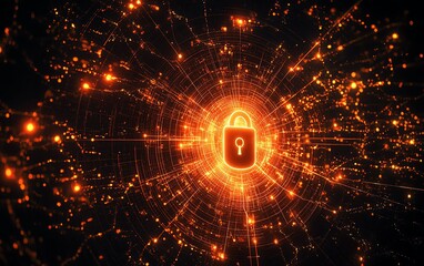 Poster - Cloud computing security diagram, secure network connections with central lock symbol, dramatic and dynamic composition, futuristic cloud tech, ample space for copy text