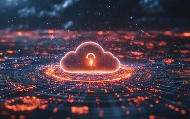 Poster - Cloud computing security diagram, secure network connections with central lock symbol, dramatic and dynamic composition, futuristic cloud tech, ample space for copy text