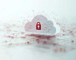 Poster - Cloud computing with secure network connections and a central lock symbol, cloud security diagram, dynamic and dramatic visual composition, modern technology with copy space